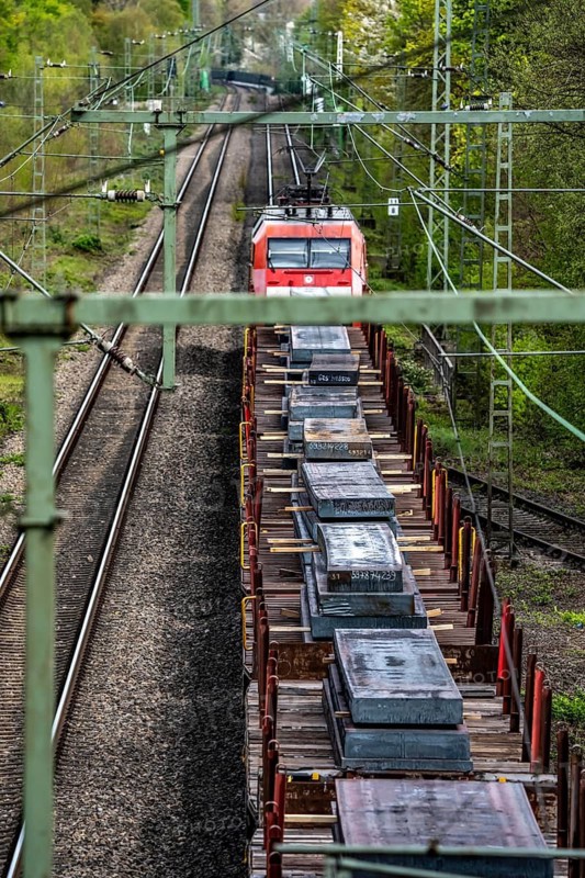 Railway line for freight traffic, freight train loaded with steel slabs, Bottrop, North Rhine-Westphalia, Germany