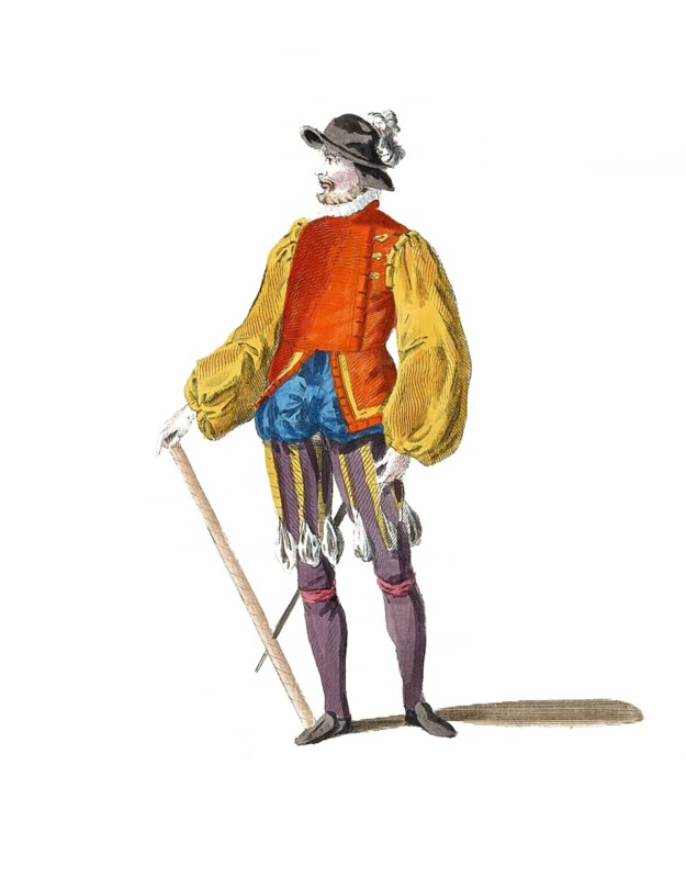 Historical clothing, fashion over time, uniform of a German officer over 100 men in 1588, digitally restored reproduction of an 18th/19th century model, exact date unknown, man in traditional colourful clothing with staff