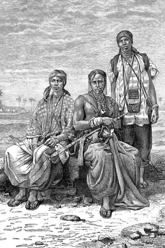 Woloff warriors, a West African people, mainly in Senegal, Exploring expedition of General Joseph Gallieni (1849-1916) in Africa in the late 19th century, Illustration, Reproduction from a 19th century original. Authentic, File restored for optimal use, Exact date of original unknown, Historical, Three people in traditional dress sitting and posing in front of a background with palm trees