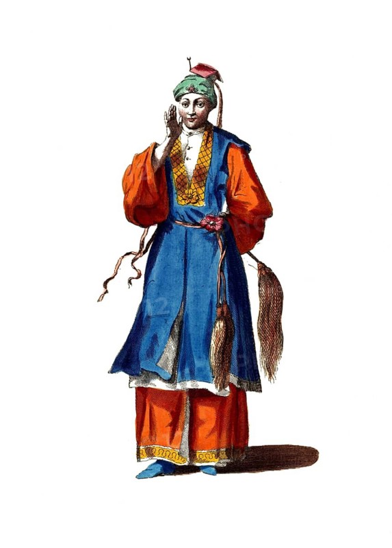 Historical clothing, fashion over time, robe of a bonze or priest in China around 1700, digitally restored reproduction of a model from the 18th/19th century, exact date unknown, a man in a blue, traditional robe with turban and orange details
