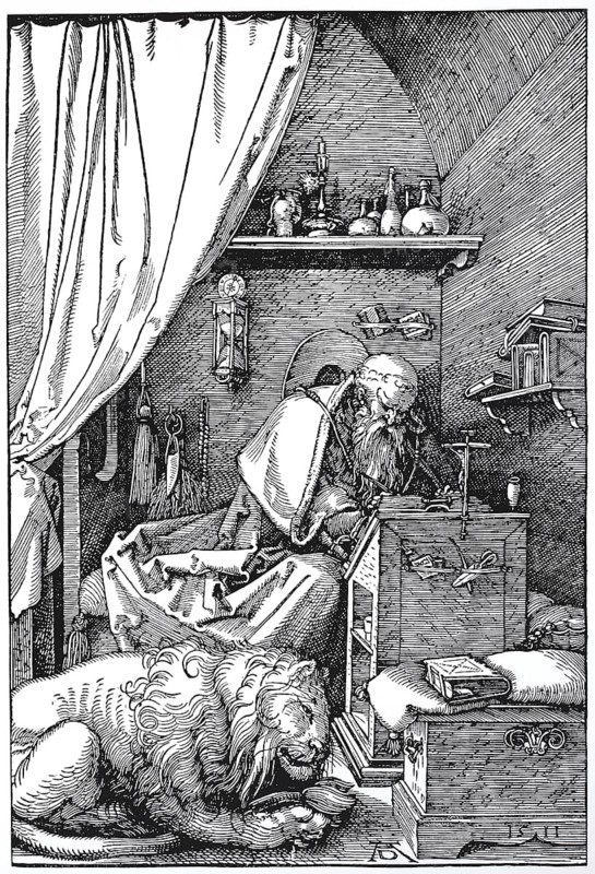 St. Jerome in his cell, woodcut by Albrecht Dürer, historical, digitally improved reproduction of an old woodcut