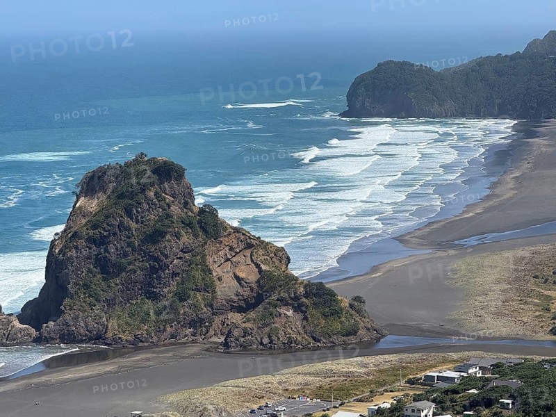 View of Piha Beach with Lion Rock near Auckland, North Island, New Zealand, Oceania