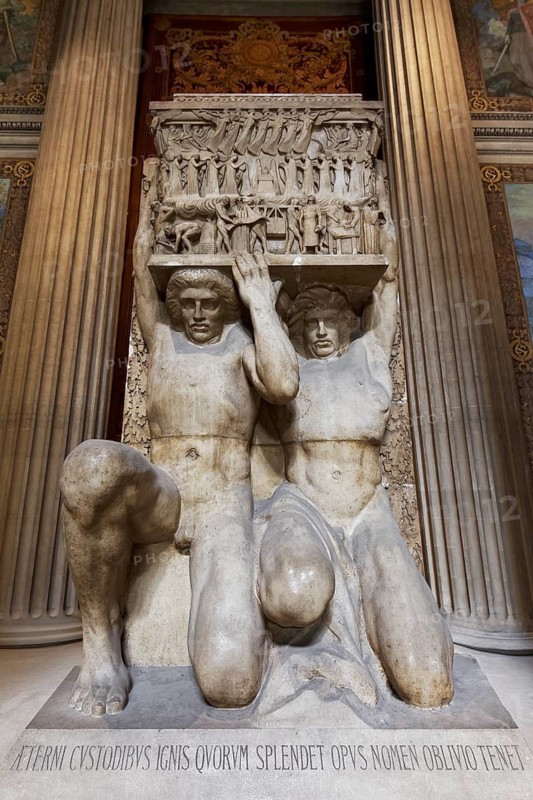 Two kneeling atlas figures, giants, in the Pantheon, monument to the forgotten artists, National Hall of Fame, Latin Quarter, Paris, France