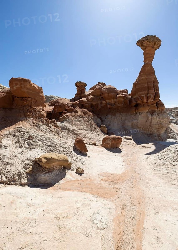 Experience the enchanting view of unique rock formations at Toadstool Hoodoos under a clear blue sky. These natural wonders showcase the beauty of erosion and time