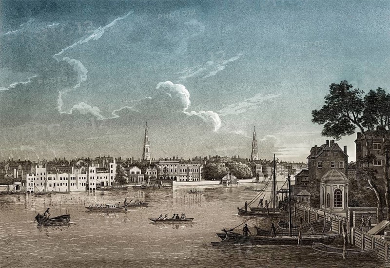 View of the Savoy, Somerset House and the water entrance to Cuper's Garden, Westminster, London, UK, 1770