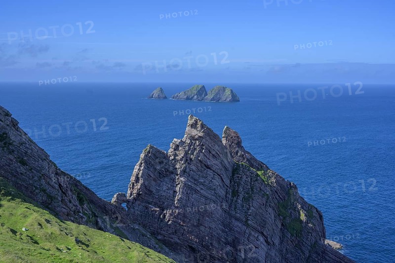 View of blue sea and cliffs from Portacloy Loop Cliff Walk, Muingnabo, County Mayo, Ireland