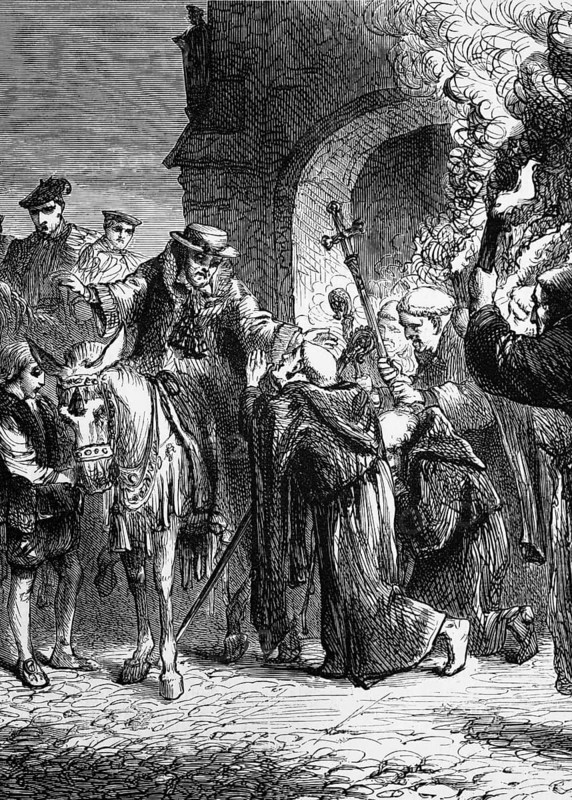 Thomas Wolsey (1473 to 1530) was an English political figure and cardinal of the Roman Catholic Church. When Henry VIII became King of England in 1509, Wolsey became the king's almoner. He was arrested in Leicester on false charges of high treason and died on his way to London, digital reproduction of a historical model