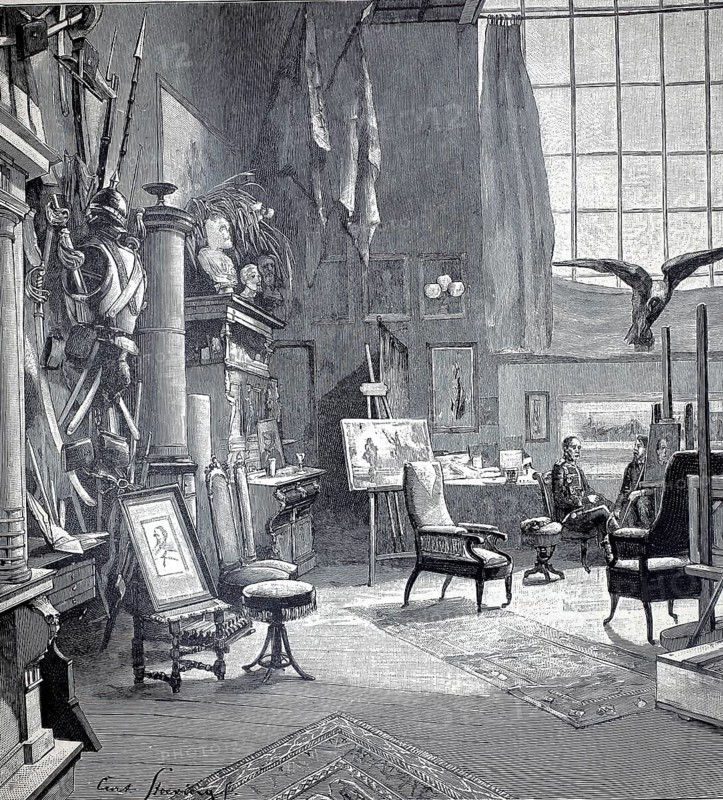 The picture shows the German painter Anton von Werner (1843-1915) in his home studio in 1896, illustration, reproduction from a 19th century original. Authentic, file restored for optimal use, exact date of original unknown, Historic, Historic art studio with paintings, statues and classical furnishings in black and white illustration