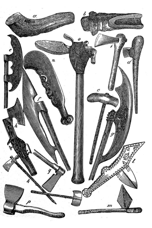 Axes and hatchets of different times and peoples, illustration from 1882, historical, digital reproduction of an original from the 19th century