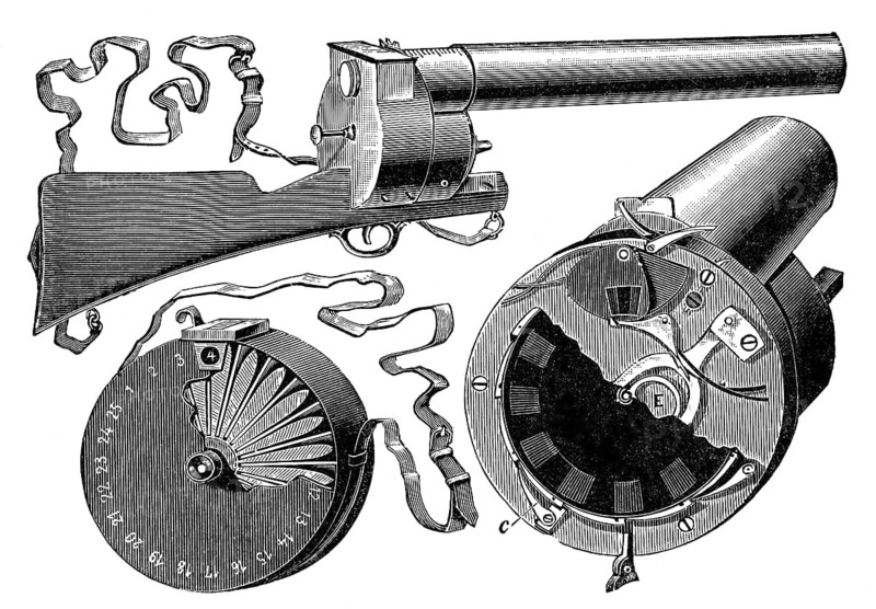 Chronophotographic gun, 1883, by Étienne-Jules Marey, a French scientist, physiologist and chronophotographer, chronofotografische Flinte oder fotografisches Gewehr, eine Erfindung des französischen Physiologen Étienne-Jules Marey, 1883