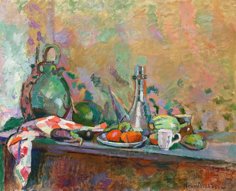 Henri Matisse, Henri Emile Benoit Matisse (born 31 December 1869, died 3 November 1954 in Cimiez), French painter, graphic artist, draughtsman, Classical Modernist. Here his work:, Nature morte au purro, I (1904), Still Life with Purro, Still Life with Purro, Painting, Reproduction of the painting, Work of art, Historical, Scenario with fruits, bottles and cloth on table