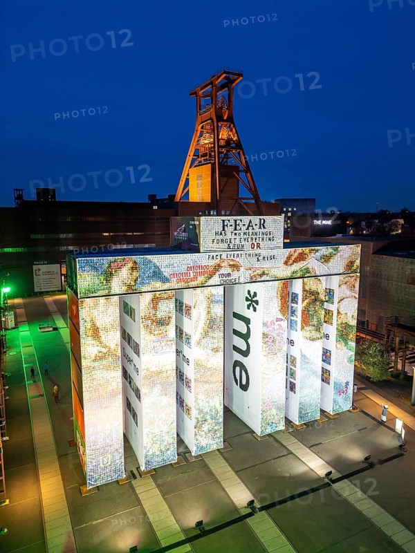 Temporary art installation Global Gate at the UNESCO World Heritage Site Zeche Zollverein, interpretation of the Brandenburg Tor tor made of 37 freight containers, created as part of the KI Biennale, artistically designed by the artist Super*me, developed by Marcus shepherd, stands on the Zollverein site, EssenNorth Rhine-Westphalia, Germany until 30.03.25
