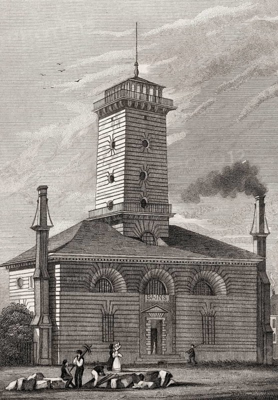 La pompe à feu du Gros-Caillou, Paris, antique steel engraved print, 1831