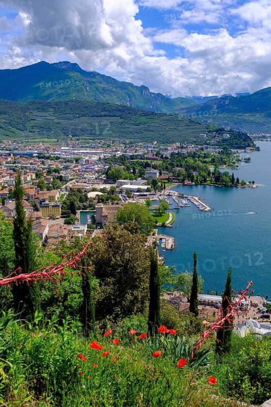 View of the old town centre from the Bastione panoramic viewpoint, Bastione ruins, Riva del Garda, Lake Garda, Trentino, Trentino-Alto Adige, IItaly