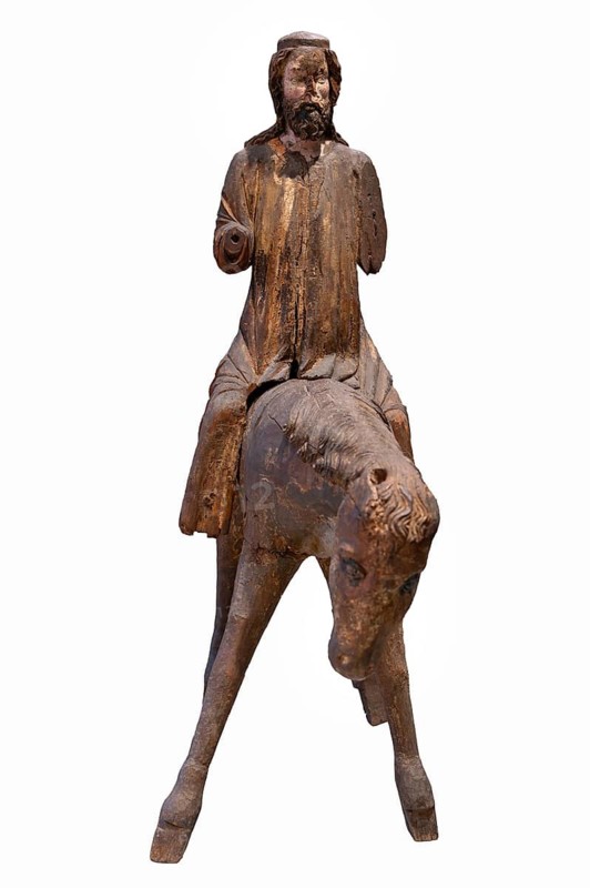 Palm tree donkey, wooden figure from around 1350, on a white background, Diocesan Museum, Rottenburg, Baden-Württemberg, Germany
