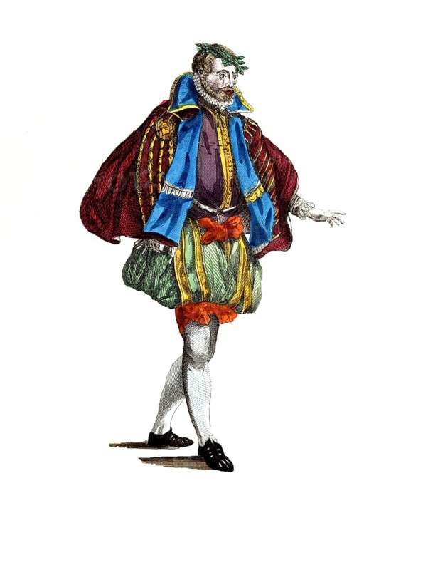 Historical clothing, fashion over time, clothing of a merchant from Nuremberg, 1577, Germany, digitally restored reproduction of a model from the 18th/19th century, exact date unknown, man stylishly dressed in Renaissance clothing with cloak and decorative patterns