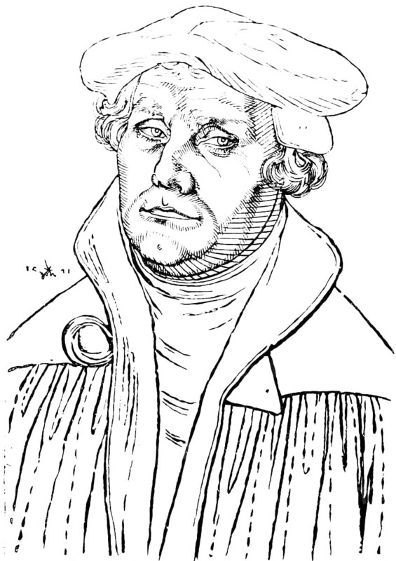 Martin Luther (1483, 1546) Portrait after Lucas Cranach from 1528, reformer, Augustinian monk, Bible translator, Renaissance, serious look, historical illustration 1883