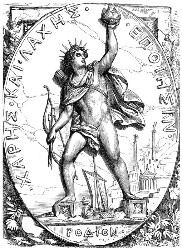 The Colossus of Rhodes, a statue of the Greek titan-god of the sun Helios, Rhodes, Greece