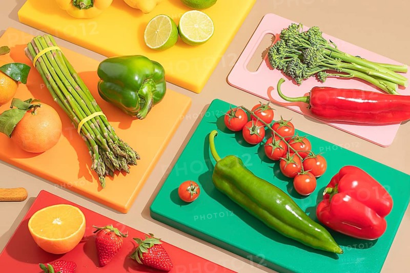 A colorful and artistic display of fresh vegetables and fruits on vibrant cutting boards. Includes peppers, lime, tomatoes, asparagus, strawberries, and oranges