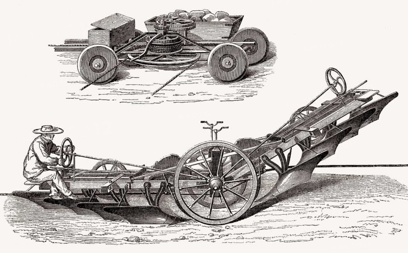 Maschinelle Dampfpflugsysteme bei der Arbeit, landwirtschaftlicher Traktor mit Dampfmaschinenantrieb, 19.