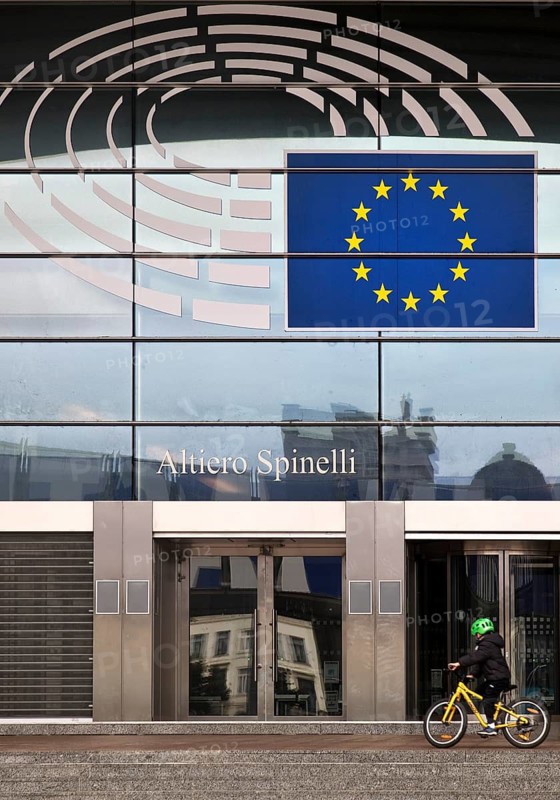 Entrance to the Altiero Spinelli building with the logo of the European Parliament, Brussels, Belgium