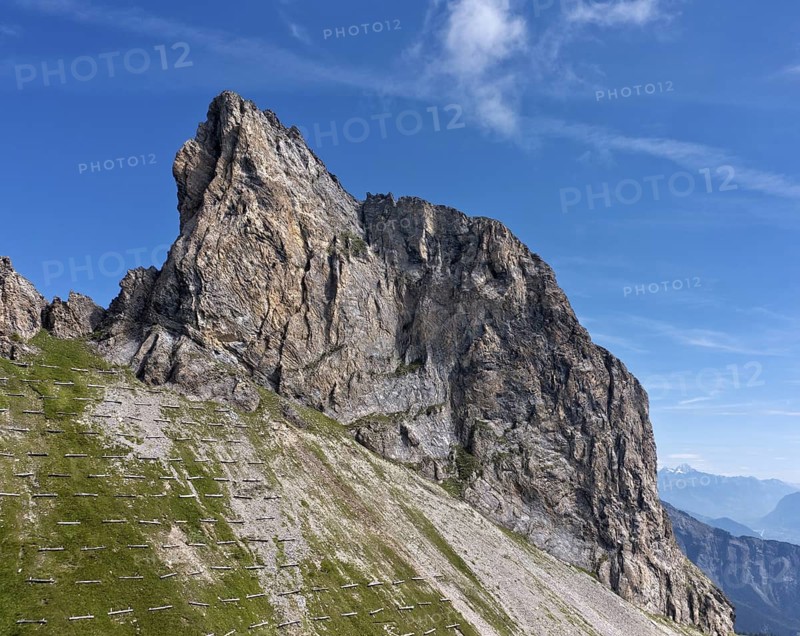The steeply towering Six Armaille rock spike near Ovronnaz, Valais, Switzerland