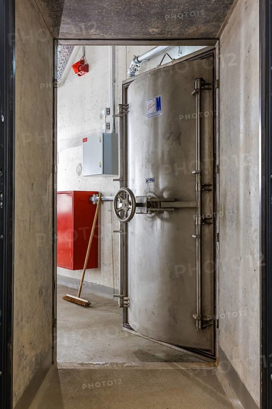 Oberhausen, Ruhr area, North Rhine-Westphalia, Germany - Emscher conversion, new Emscher AKE sewer, here the new Oberhausen pumping station, safety door in the machine room, the ecological conversion of the Emscher system consists of the construction of a central wastewater treatment system in the Ruhr area, the construction of sewers and the renaturalisation of the Emscher and its tributaries