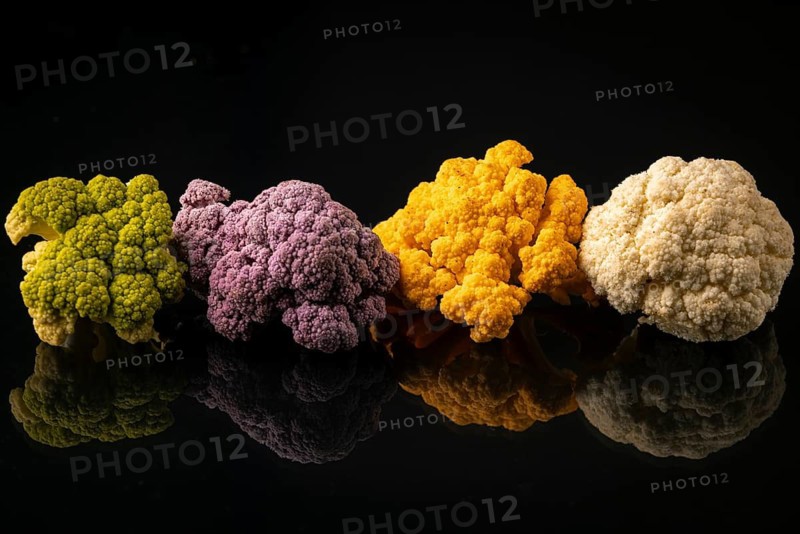 Four cauliflower heads in different colors on a black surface with reflection