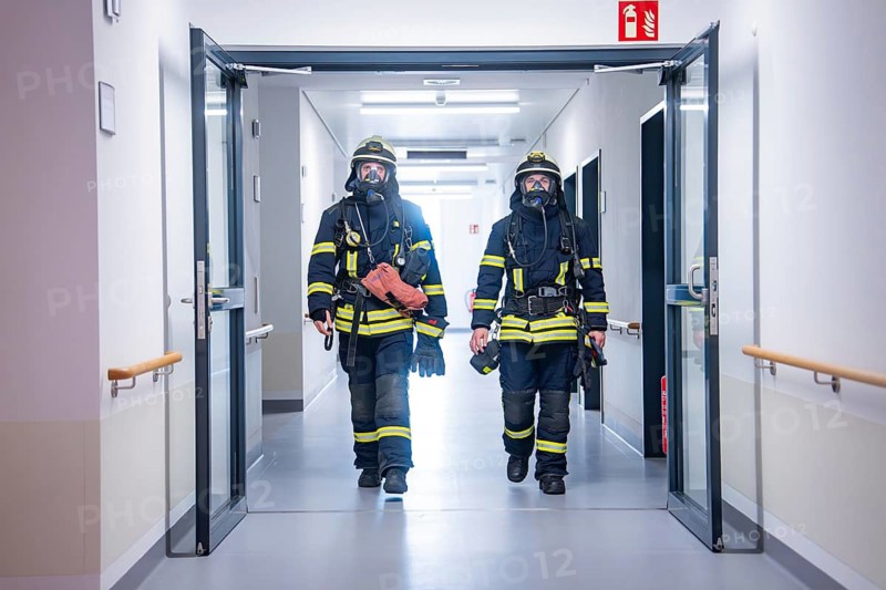 Two firefighters with full equipment and respiratory protection in the corridor, fire brigade exercise on blue light day in the new Calw hospital, Germany