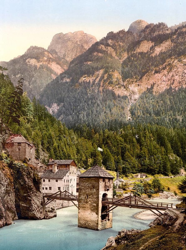 Wooden bridge over the Inn with bridge tower, Finstermünz, Tyrol, former Austro-Hungary, today Austria, c. 1890, Historic, digitally restored reproduction from a 19th century original Finstermünz, Tyrol, former Austro-Hungary, today Austria, 1890, Historic, digitally restored reproduction from a 19th century original