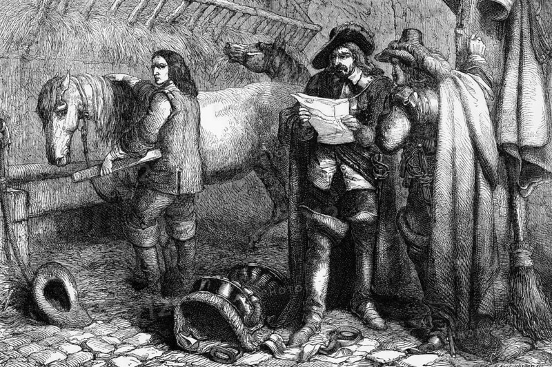 Cromwell discovers the King's letter at the Blue Boar Inn, Holborn, 1647, England, digital reproduction of a historical original