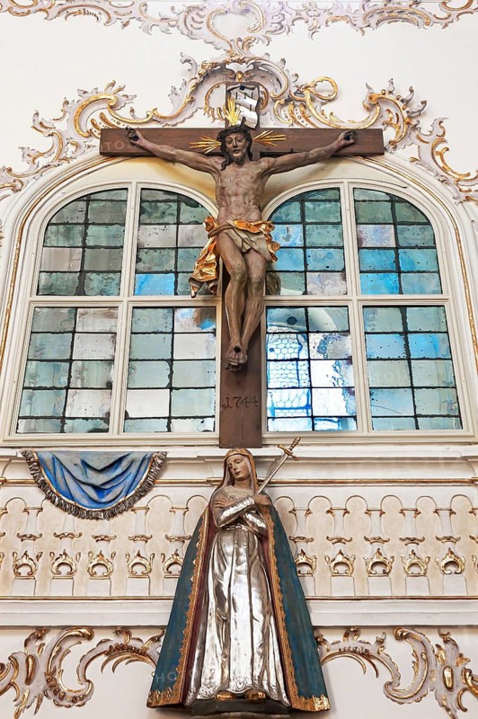 Cross of Christ below Mary with the sword in her breast, baroque church of St Andrew, St Mang, 1697-1717, Stadtamhof, Regensburg, Upper Palatinate, Bavaria, Germany