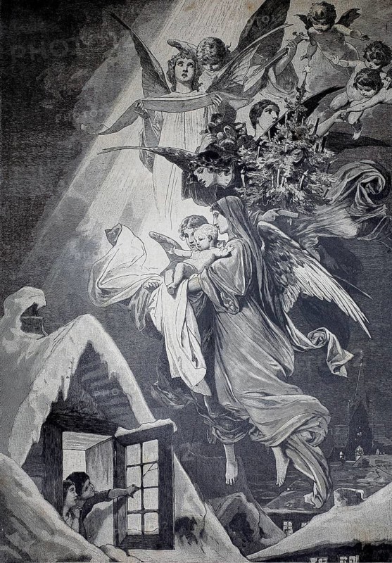 Silent night, holy night, flock of angels with Christmas symbols, children watching the scene from the window, illustration, reproduction of a model from the 19th century. Authentic, file restored for optimal use, exact date of original unknown, historical, a group of angels protecting a child, heavenly and mystical atmosphere
