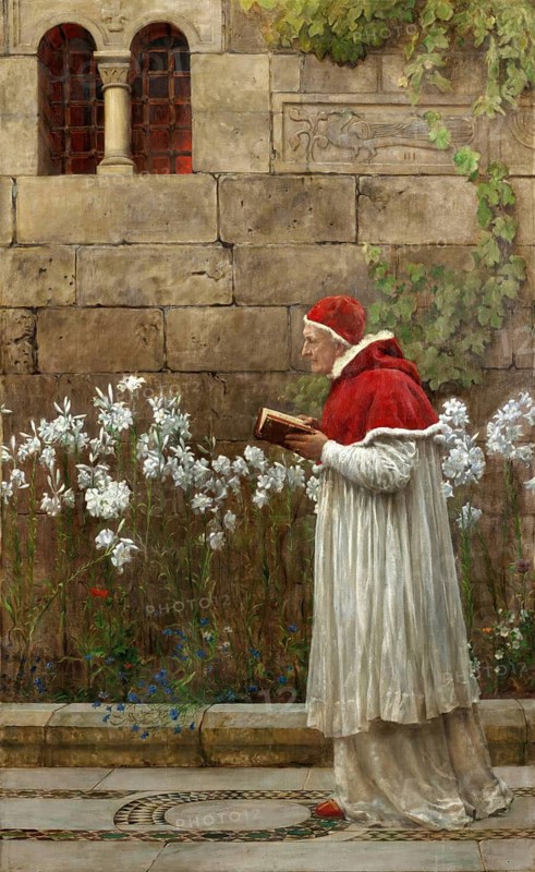 John Collier (born 28 January 1850 in London, died 11 April 1934), British writer and painter in the Pre-Raphaelite style, here his work: Pope Urban VI, An elderly man in a red robe reads a book in a flowery garden