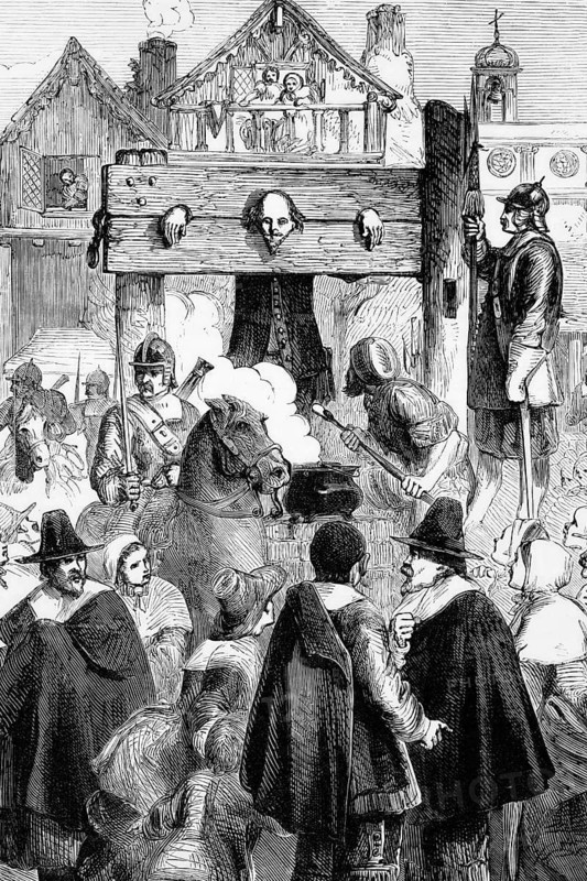 William Prynne, a Puritan lawyer in the pillory. In 1634, he was sentenced to a fine and a slap on the wrist for a pamphlet against stage plays entitled Histriomastix. Prynne claimed that actresses were simply prostitutes, an indelicate remark in view of the fact that Charles I's woman, Queen Henrietta Maria, was performing in a masque at the time, England, digital reproduction of a historical model