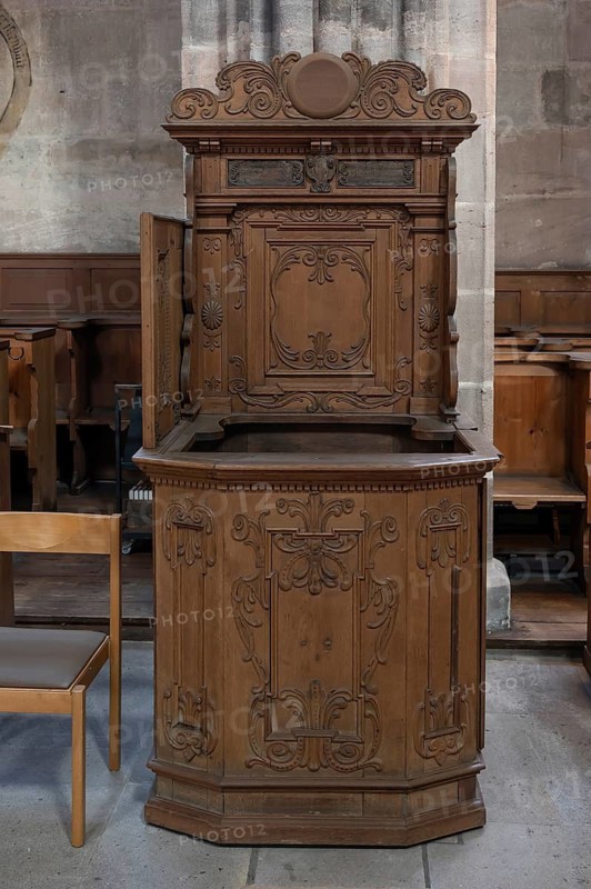 Craftsman's chair or alms chair from 1647, Lorenzkirche, Nuremberg, Middle Franconia, Bavaria, Germany