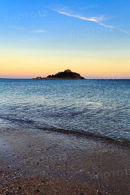 St Michael's Mount, tidal island with castle, evening sky, single cirrus, Marazion, Cornwall, England, Great Britain