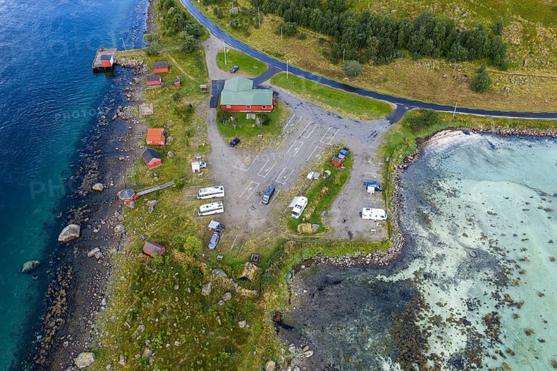 Campsite at Raften at the Raftsund, aerial view, Vesteralen, Norway