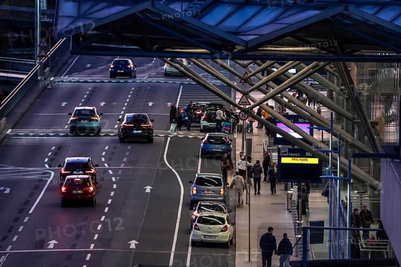 Right of way on the departure level of Cologne-Bonn Airport, skyline of Cologne city center, Cathedral, North Rhine-Westphalia, Germany