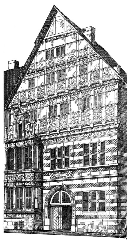 Historical architectural illustration from the 19th Century, 1875, facade in the Weser Renaissance style, Dempterhaus building from 1607, Hamelin, Lower Saxony, Germany, Europe, Historische Architektur-Zeichnung aus dem 19. Jahrhundert, 1875, Hausfassade im Stil der Weserrenaissance, das Dempterhaus von 1607, Hameln, Niedersachsen, Deutschland