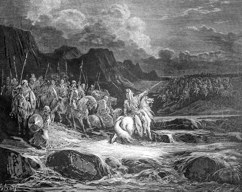 Judas persecutes Timothy, 1 Mattatias chapter 5, verse 42, Judas lets the army cross the stream and destroys the enemy, weapons, spears, cavalry, pursuit, mountains, river crossing, Christian religion, Bible, Old Testament, steel engraving Doré, historical illustration 1885