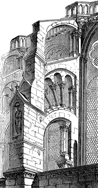 Dwarf gallery of the Gothic cathedral Notre-Dame in Chartres, France, historical illustration 1880