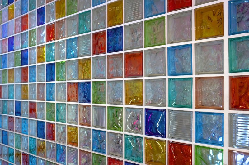 Wall with colored glass blocks, Nuremberg, Middle Franconia, Bavaria, Germany