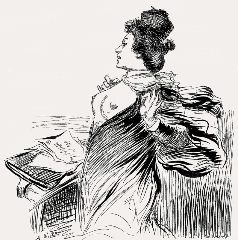 Closing argument of the first female lawyer, Caricature by Adolphe-Léon Willette, 19th century