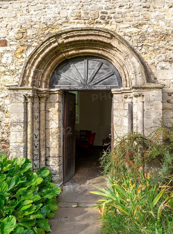 Historic arched doorway church of Saint Peter, Cambridge, Cambridgeshire, England, UK