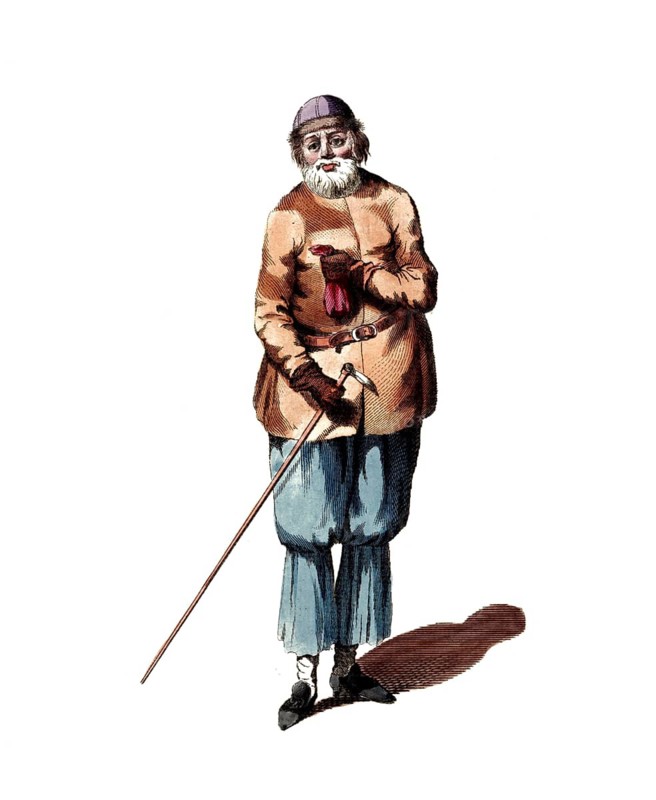 Historical clothing, fashion over time, clothing style of a Dalarna inhabitant, Dalarna, historical province in Sweden, 18th century, digitally restored reproduction of an 18th/19th century model, exact date unknown, old man with walking stick and cap, dressed in simple traditional clothing