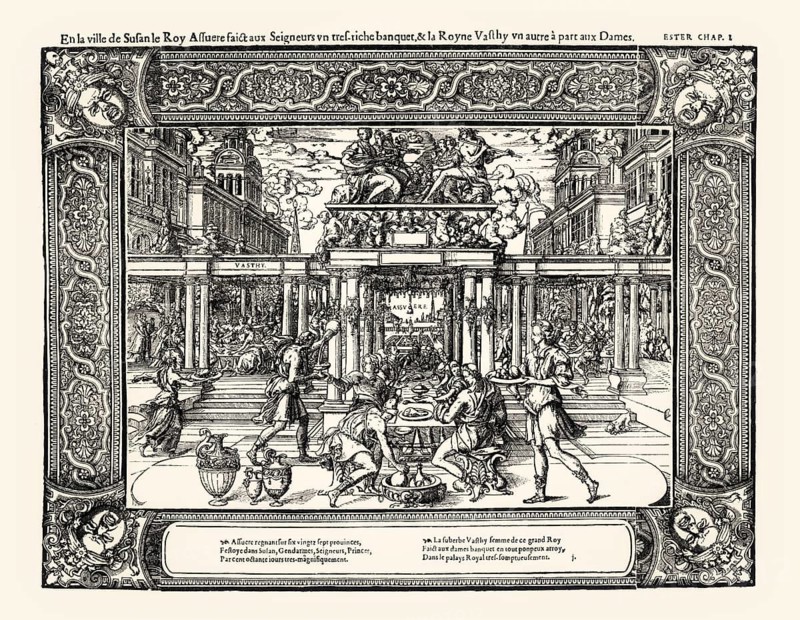 The banquet of the Persian King Ahasuerus and Vashti, Book of Esther, English pictures-bible, 1566, Anonymous French woodcut, digitally restored