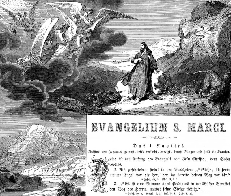See, I am sending my angels in front of you, chapter 1, verse 2, introductory image to the Gospel of Mark, Jesus in the mountains, sea, sky, lions, snake, text, title, Bible, historical illustration 1850