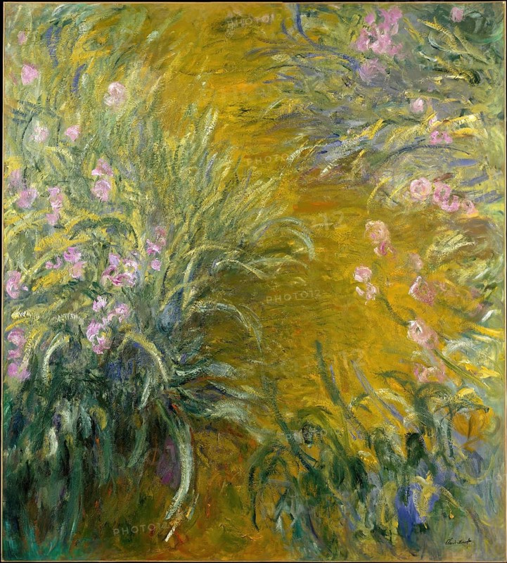 Claude Monet (b. 14 November 1840 in Paris as Oscar-Claude Monet, d. 5 December 1926) important French painter, Impressionist style. Here is his work, The Path through the Irises (1914-1917), flowering plants in vivid yellow and pink, dynamic depiction of floral forms