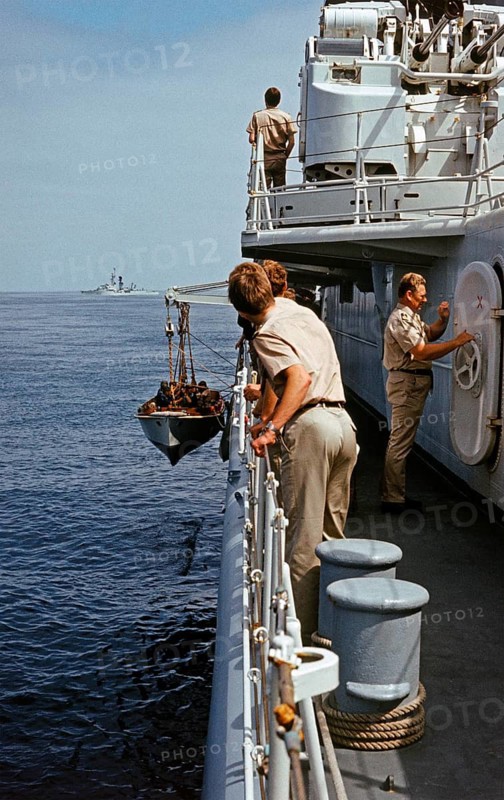 Cutter manoeuvre, soldiers, 56th foreign training voyage, training ship Germany, German Navy, Atlantic, July 1982, vintage, retro, old, historical